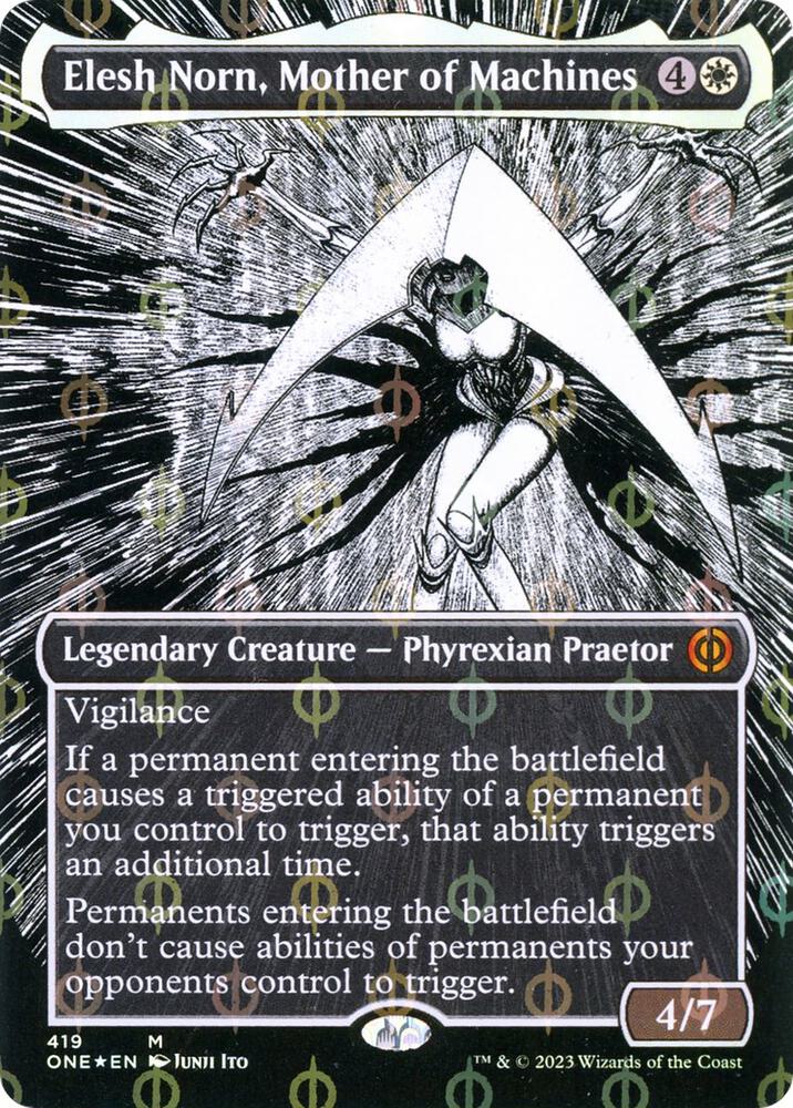 Elesh Norn, Mother of Machines (Borderless) (Step-and-Compleat Foil)-Phyrexia: All Will Be One-M-Foil
