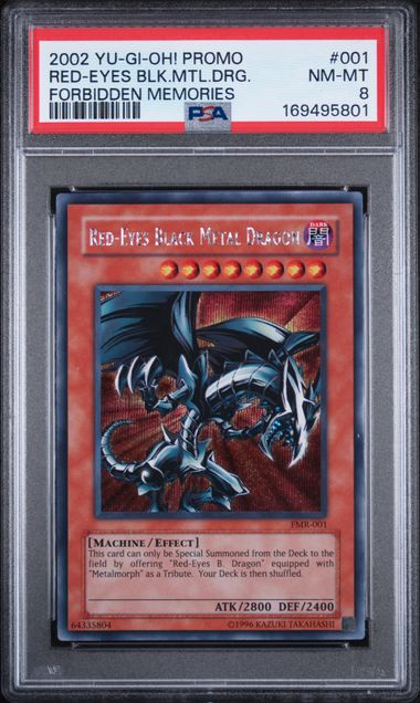 2002 YU-GI-OH! FMR-FORBIDDEN MEMORIES PROMO #001 RED-EYES BLK.MTL.DRG. FORBIDDEN MEMORIES PSA 8