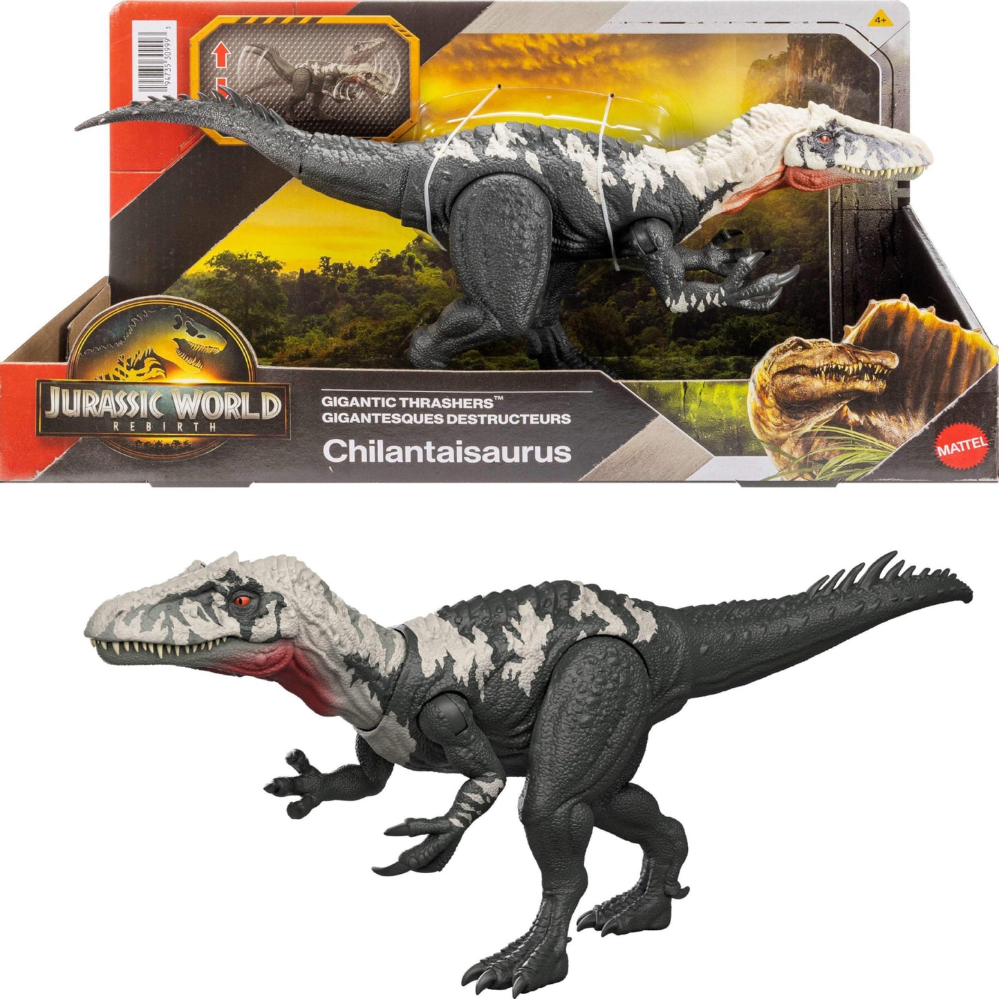 Mattel Jurassic World Rebirth Gigantic Thrashers Dinosaur Figure, Chilantalsaurus Large Species Toy, 2 Rampage Attacks